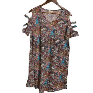 Grace & Emma Womens Pink Blue Y2K Cut Out Sleeve Paisley Shirt Dress Medium